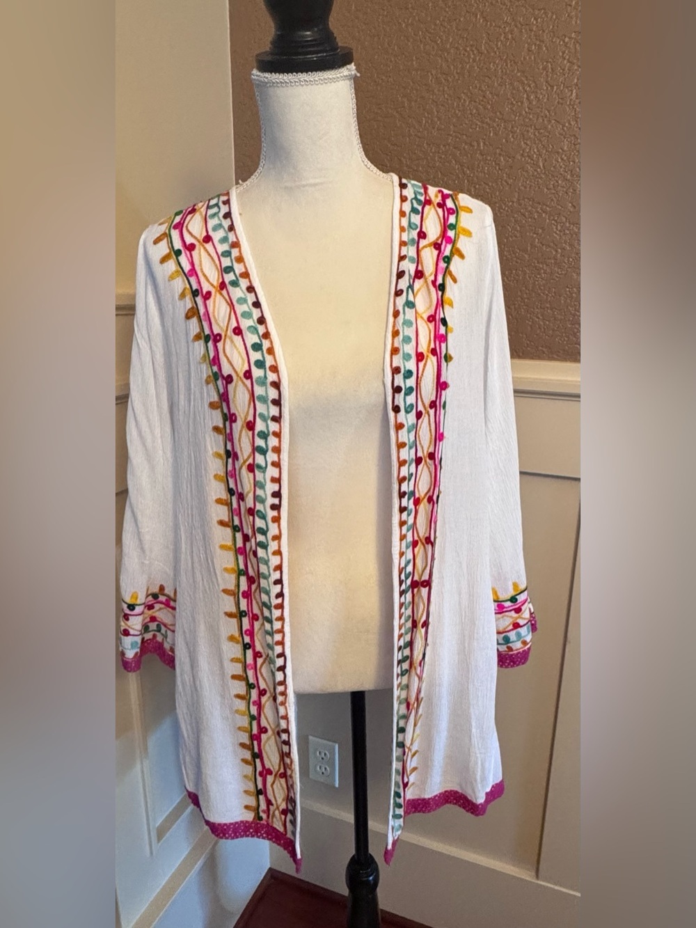 White Open-Front Embroidered Women's Cardigan